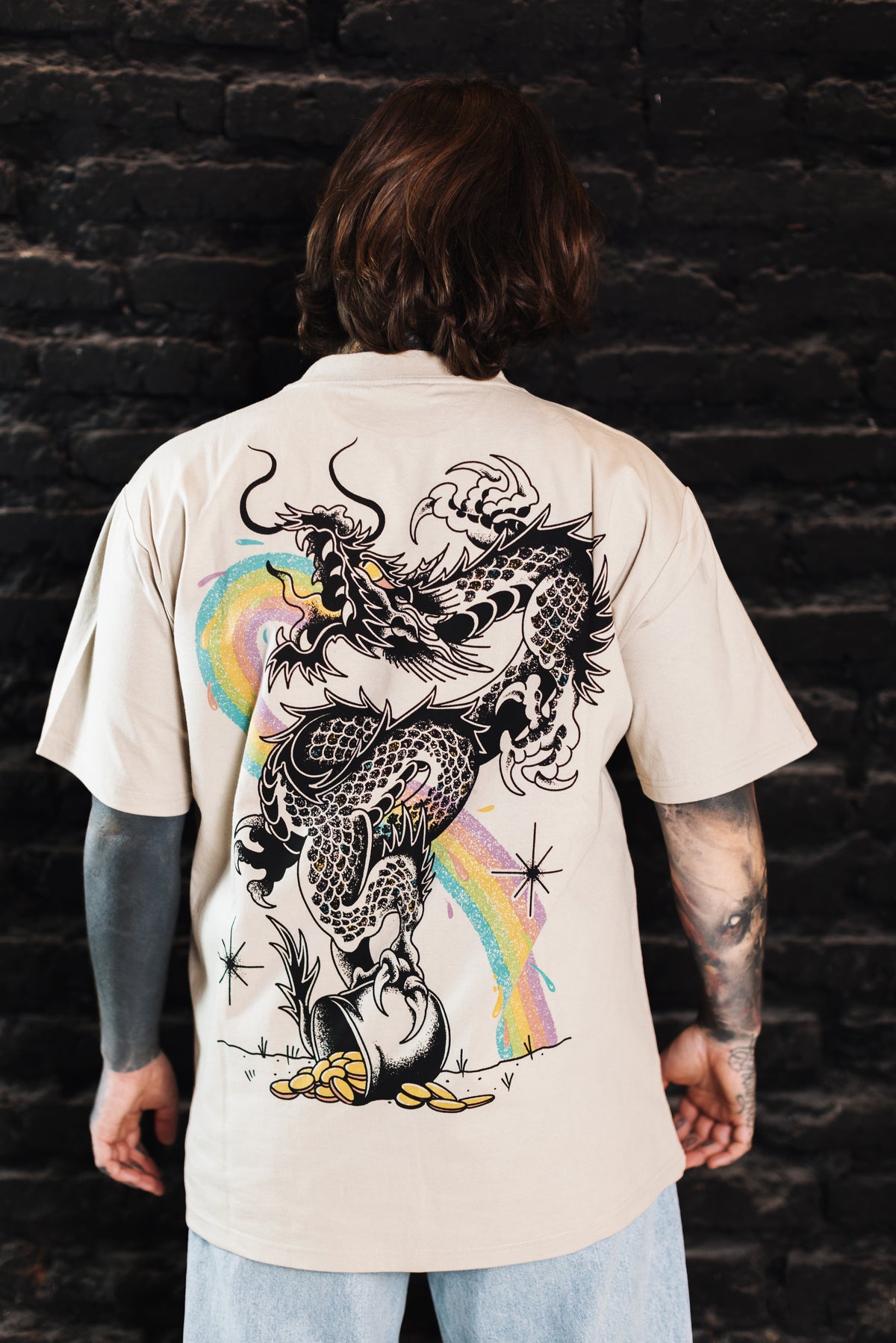 Polera Heavy Manga Corta Hombre Greedy Dragon Crema | Tomastinta