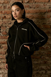 Polerón con Gorro Full Zipper Boxy Negro Mujer | more amor