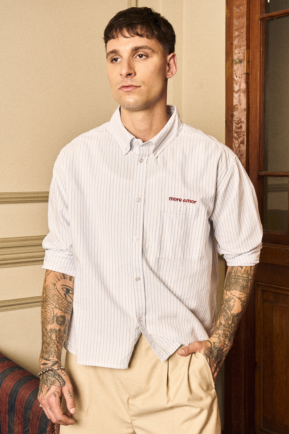 Camisa ML Classy Stripes Boxy Fit Celeste | more amor