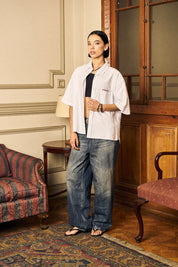 Camisa MC Classy Stripes Boxy Fit Celeste Mujer | more amor